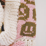 SAMPLE Smiley Aran Salmon, Ivory and Brown Balaclava