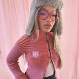 Orange and Pink Knit Polo Zipper Cardigan