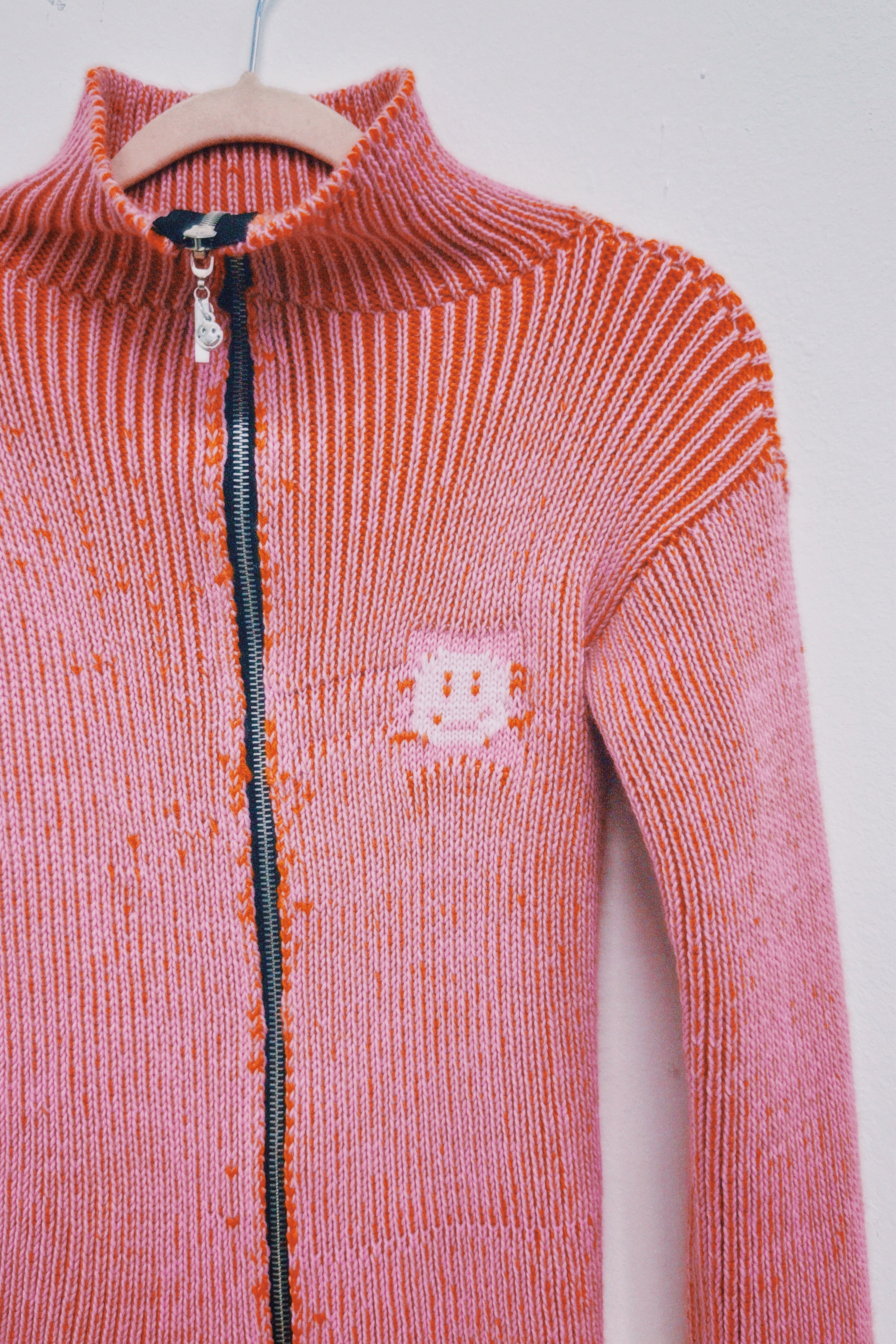 Orange and Pink Knit Polo Zipper Cardigan