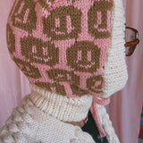SAMPLE Smiley Aran Salmon, Ivory and Brown Balaclava