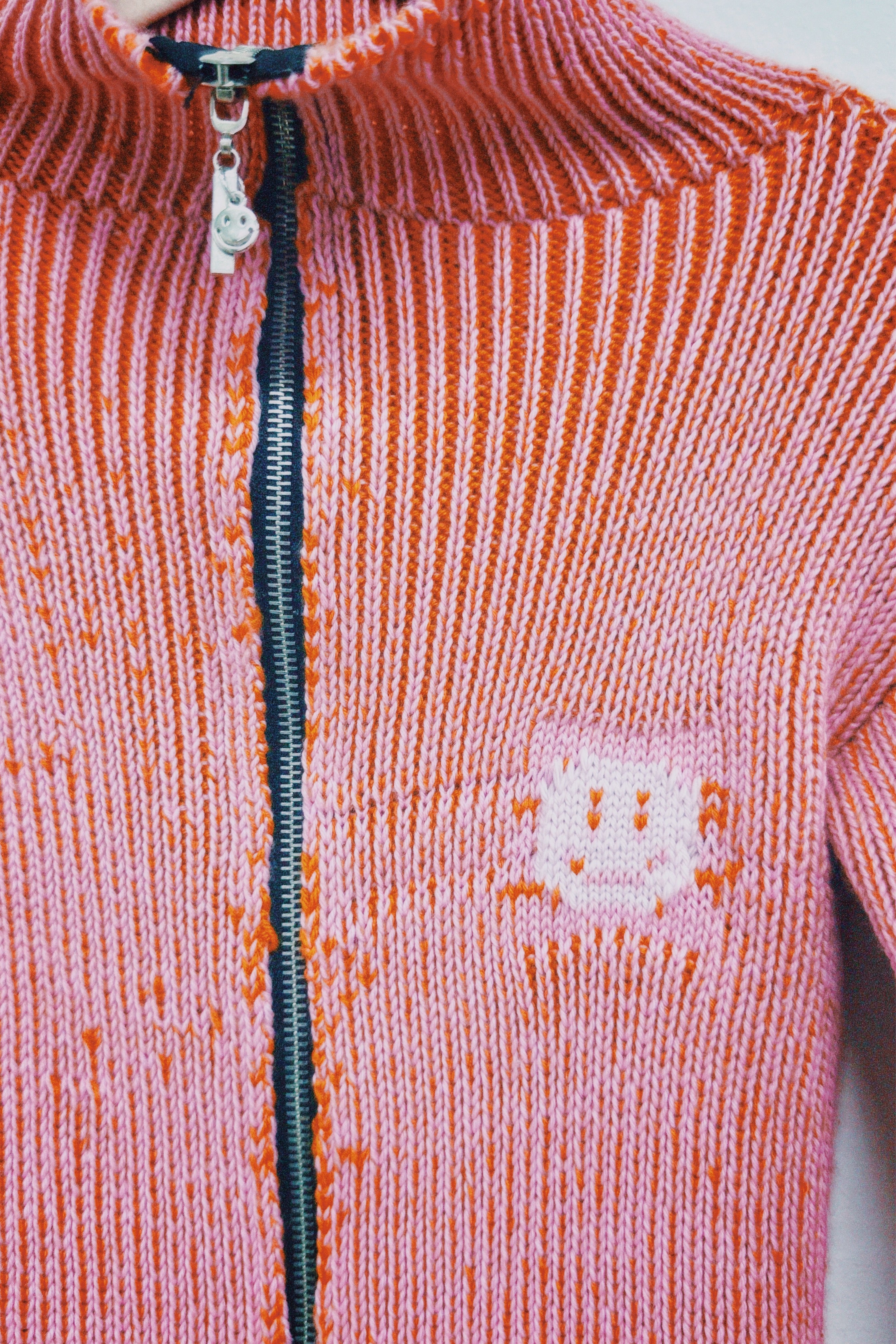 Orange and Pink Knit Polo Zipper Cardigan