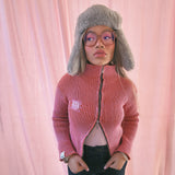 Orange and Pink Knit Polo Zipper Cardigan