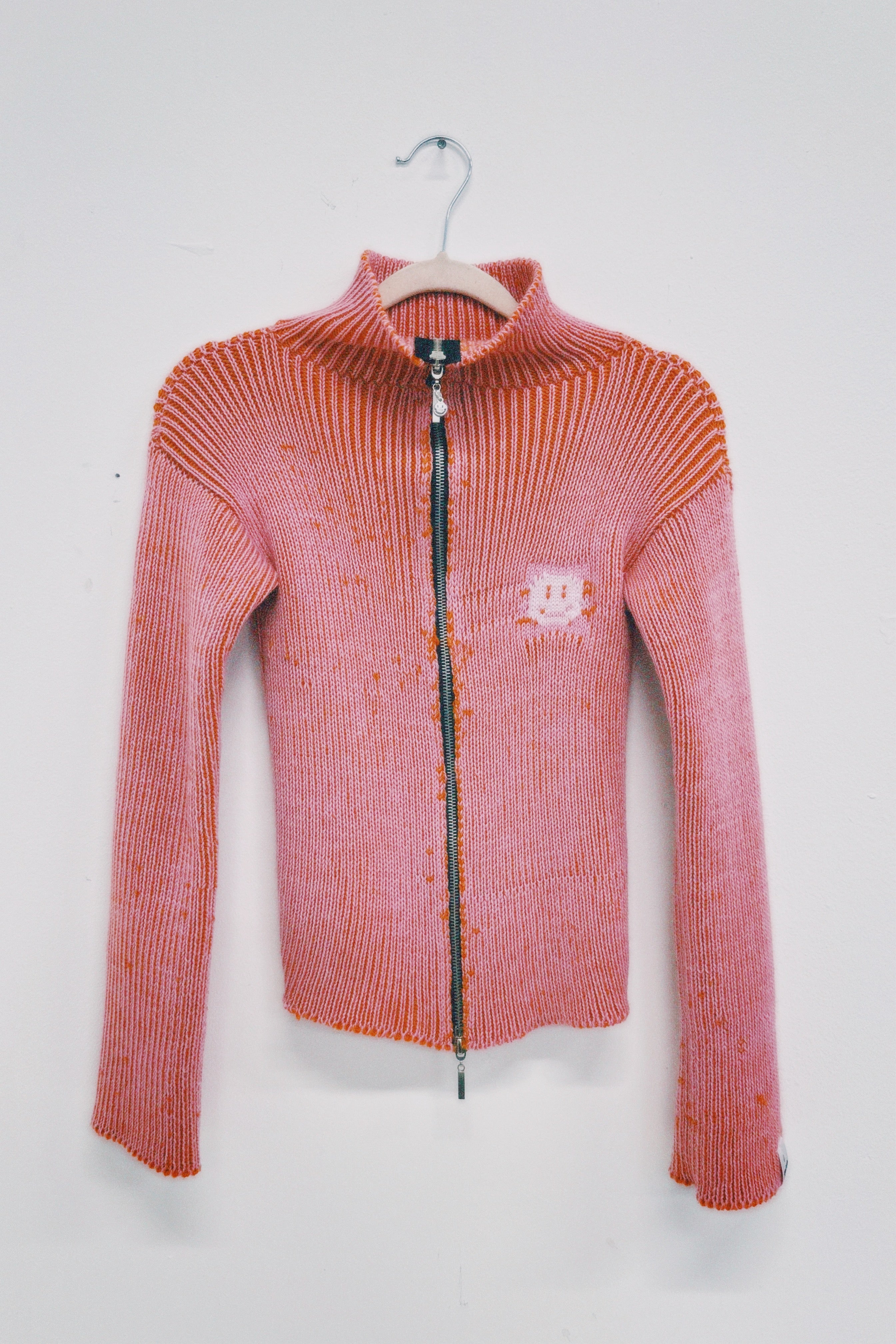Orange and Pink Knit Polo Zipper Cardigan