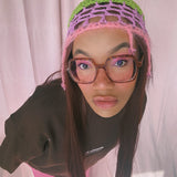 (Sample - Size Small) Green, Purple and Fluffy Pink Crochet Head accessories - READY TO SHIP