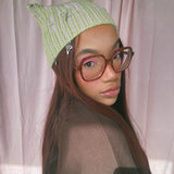 (Sample - Size Small) Pink and Green Cat ears Knit Hat  - READY TO SHIP