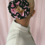 (Medium Size) Hot Pink and Black Crochet Hair Scrunchies - MADE TO ORDER